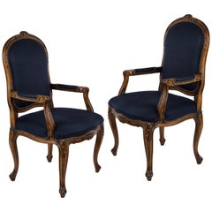 Pair of Louis XV Blue Fauteuil Armchairs