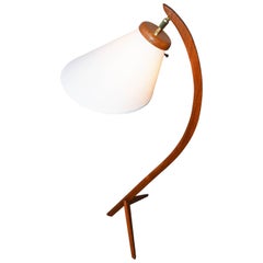 Danish Modern Teak Tripod Arc Lamp with New Custom Bonnet Shade