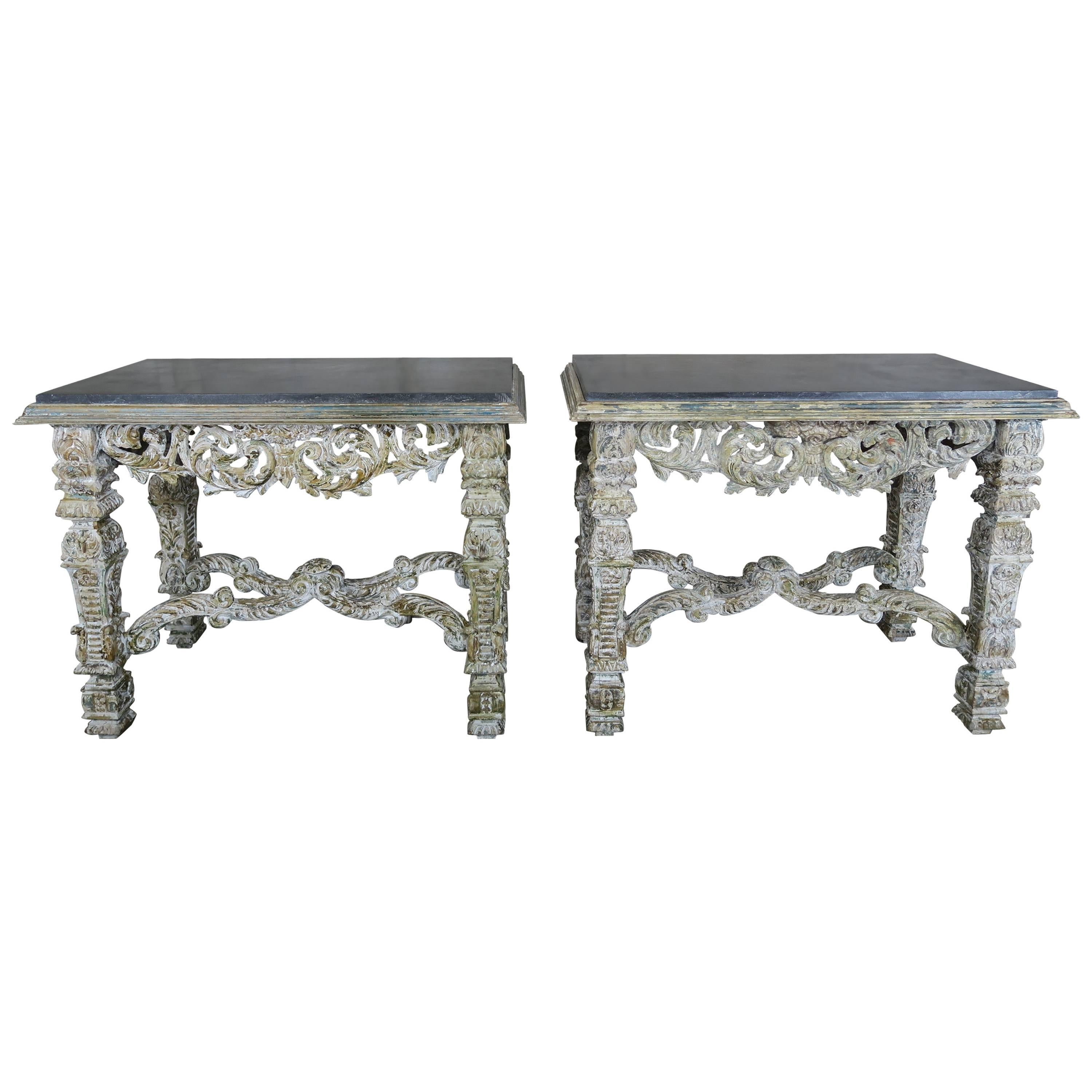Italian Painted Consoles with Black Marble Tops, Pair