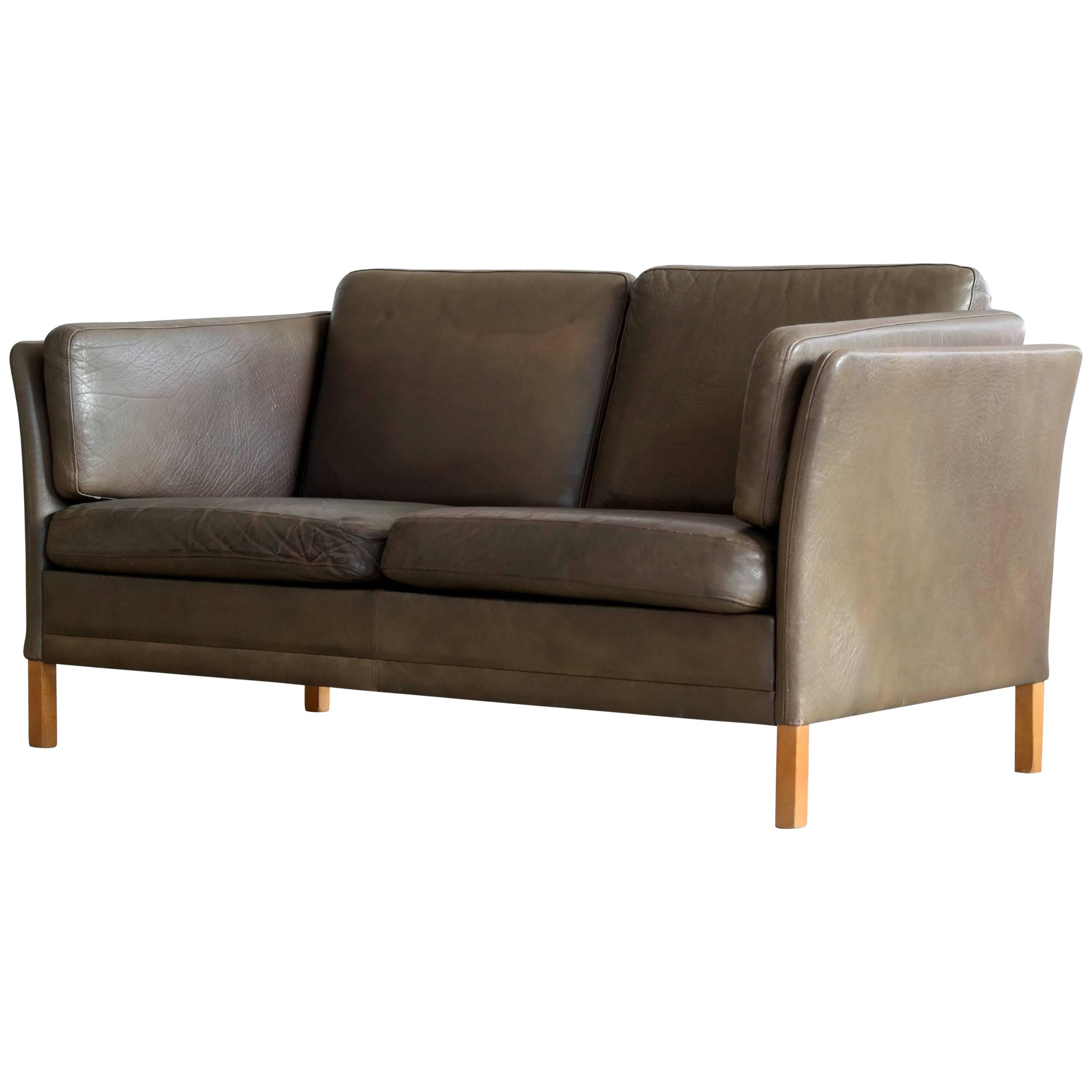 Borge Mogensen Style Danish Loveseat in Olive Buffalo Leather by Georg Thams