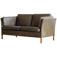 Borge Mogensen Style Danish Loveseat in Olive Buffalo Leather by Georg Thams