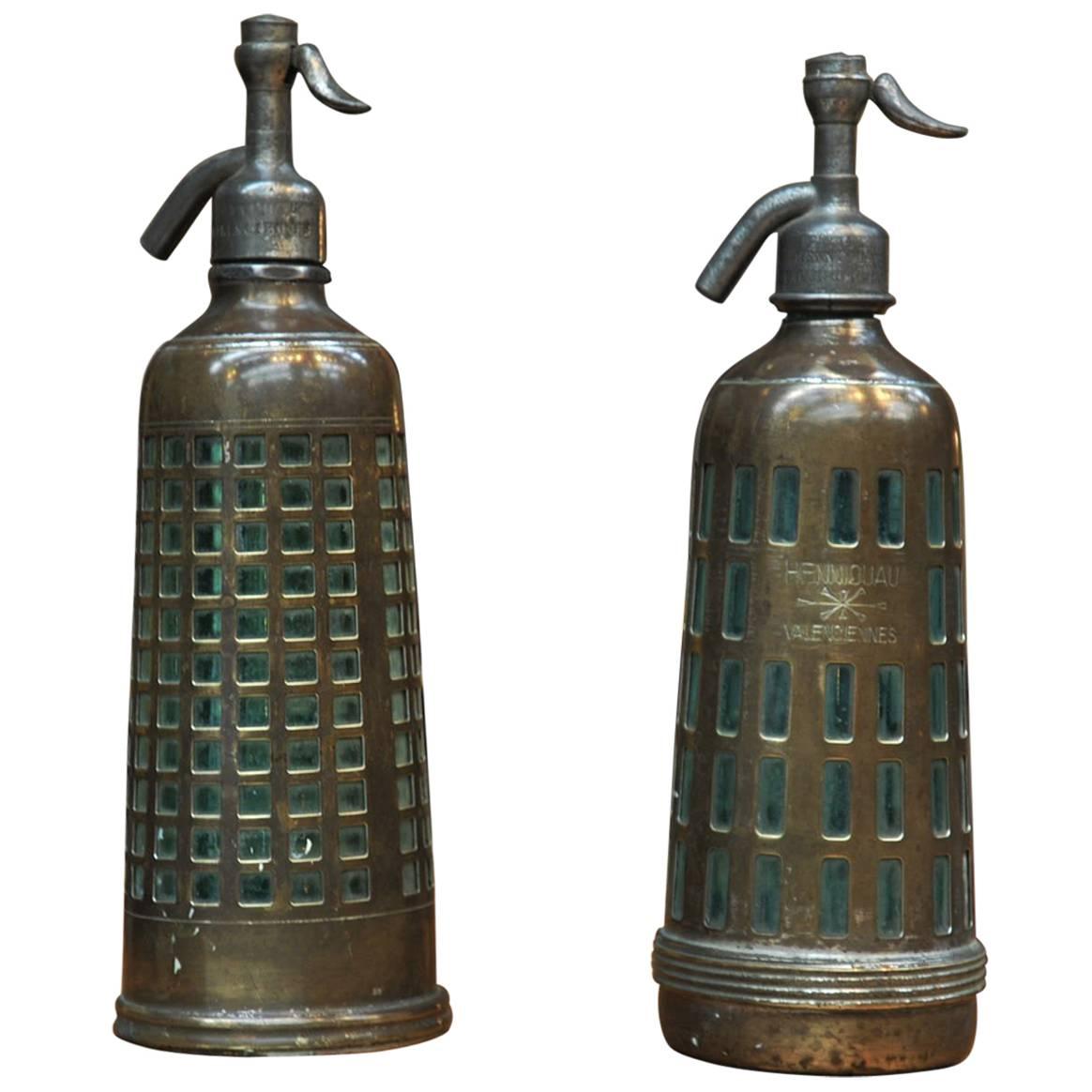 Henniquau Valenciennes French Brass and Glass Bottles, 1930s