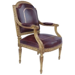 Louis XVI Style Giltwood Fauteuil À La Reine with Brown Leather, 19th Century