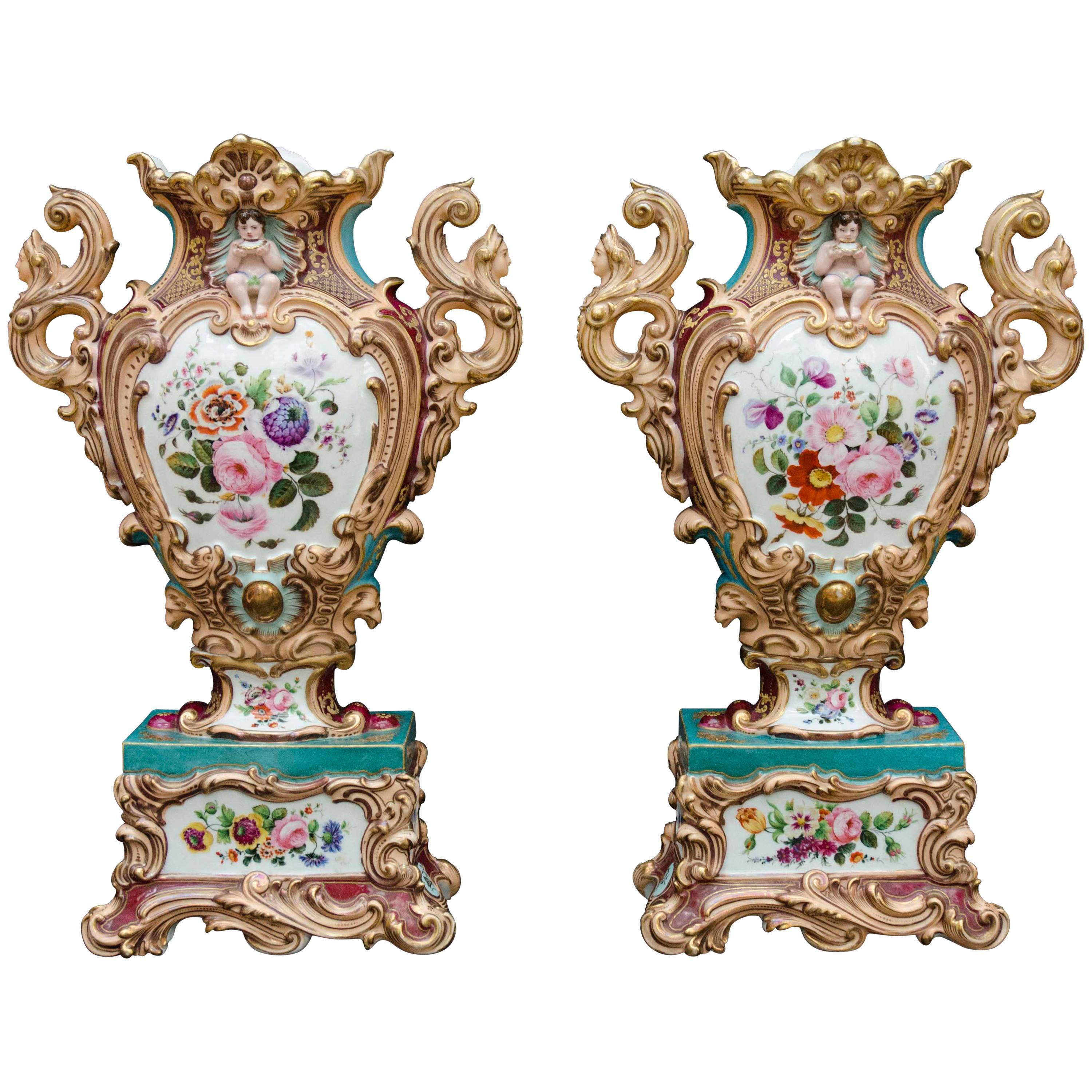 19th Century Rococo Pair of colorfull Vases, attributed to Jacob Petit in Paris For Sale