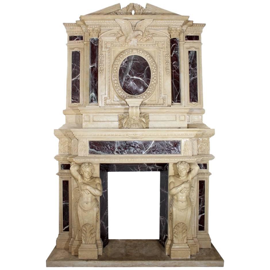 Monumental Neoclassical Two-Story Egyptian and Alicante Marble Fireplace Mantle