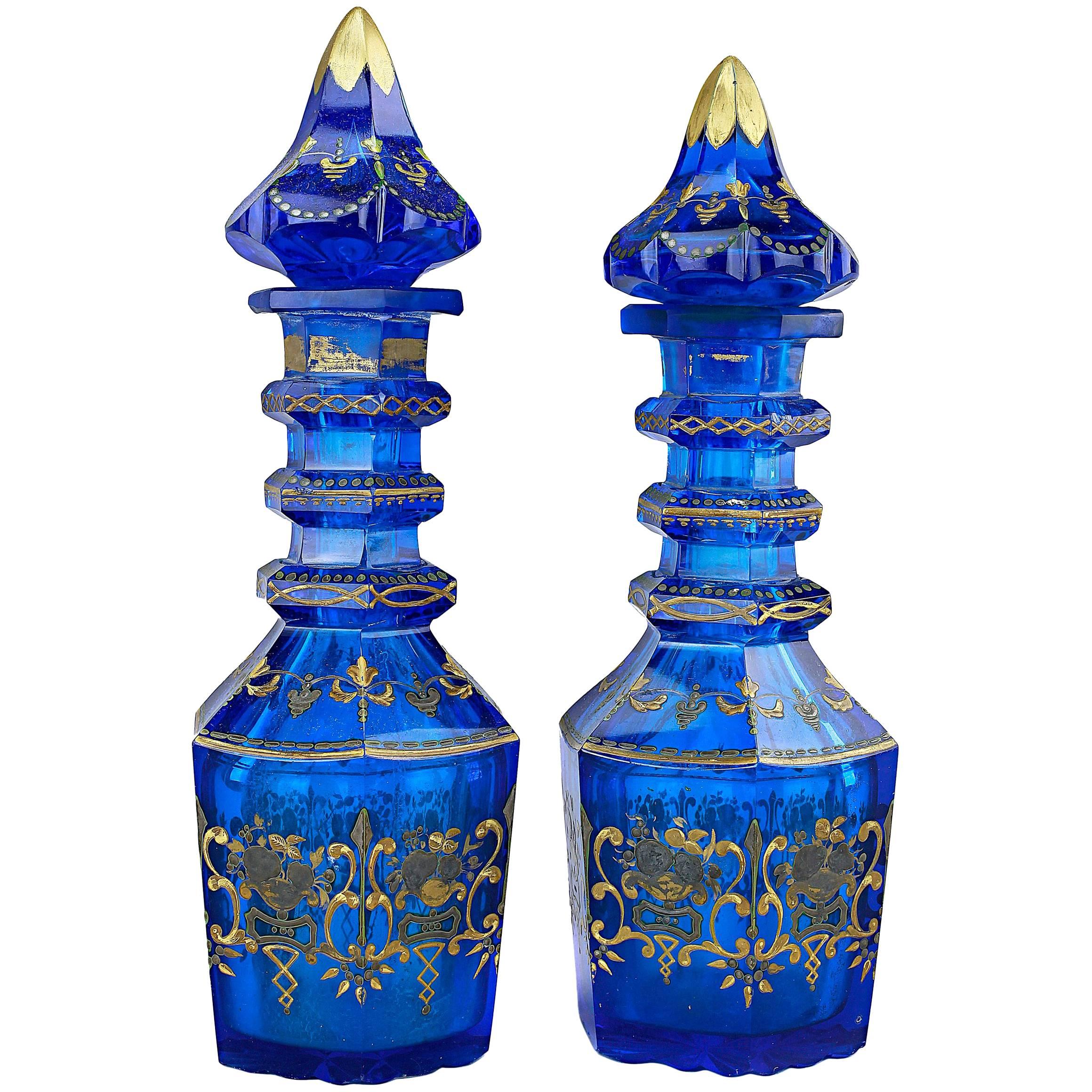 Pair of 19th Century Parcel-Gilt Bohemian Glass Decanters