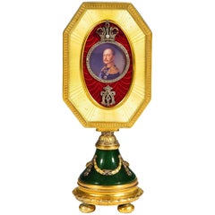 Faberge Style Guilloche Enamel, Gemstone and Silver Gilt Photograph Frame