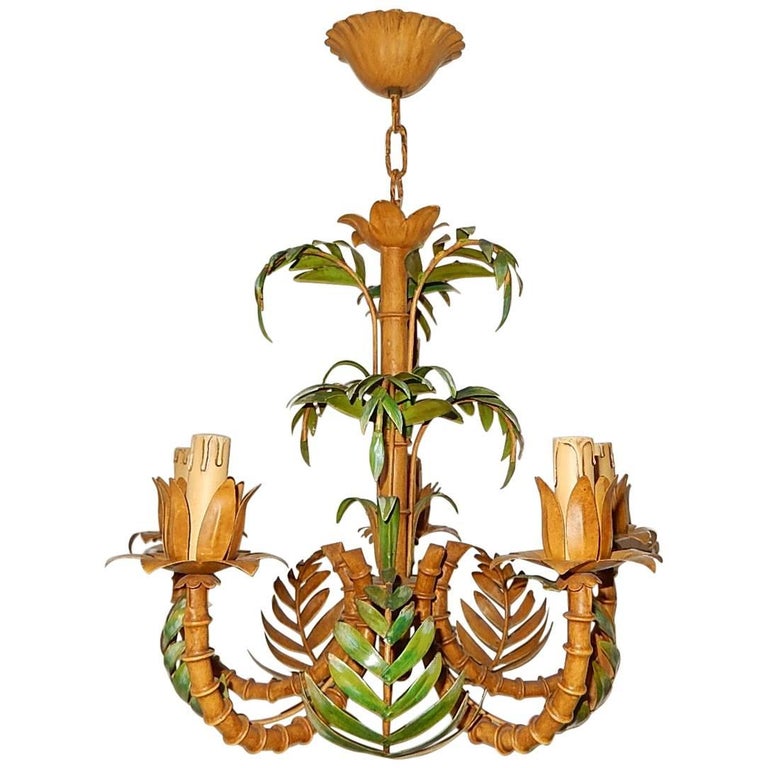 1950 French Tole Palm Tree FiveLight Chandelier For Sale at 1stdibs