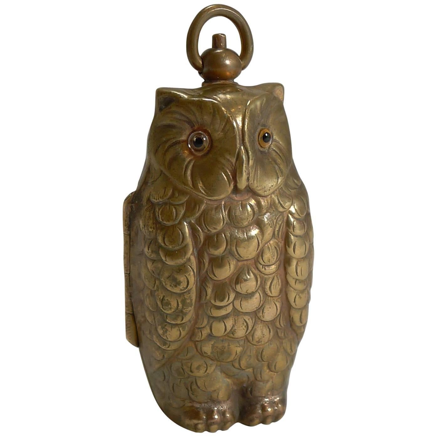 Antique English Figural Sovereign Case, Owl with Glass Eyes