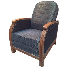 System Lying Armchair Fully Restored with a Graphic Blue Fabric, 1930s