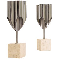 Pair of Maison Charles Steel and Travertine Table Lamps, Late 1960s