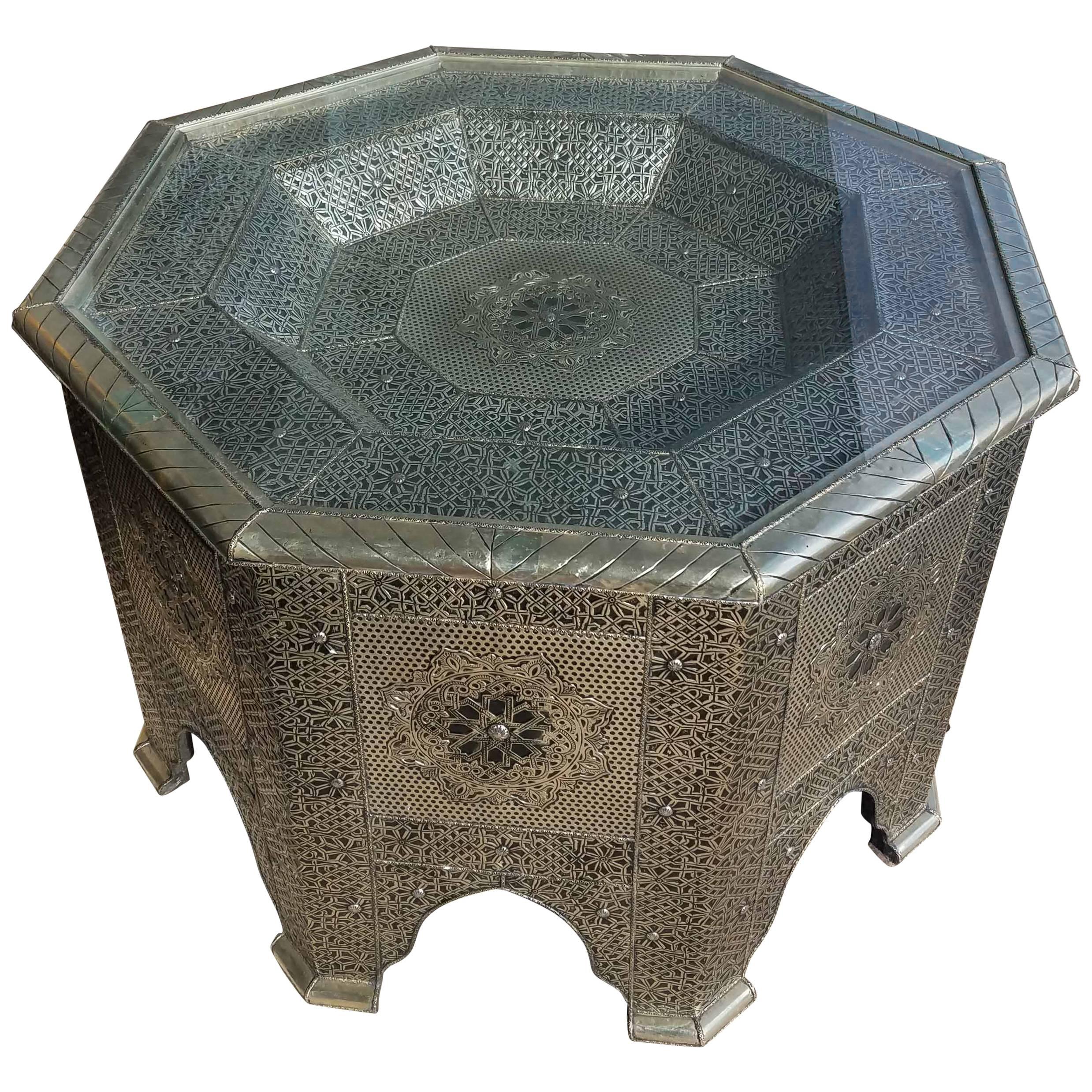 Moroccan Metal Inlaid Coffee Table, Glass Top Added For Sale