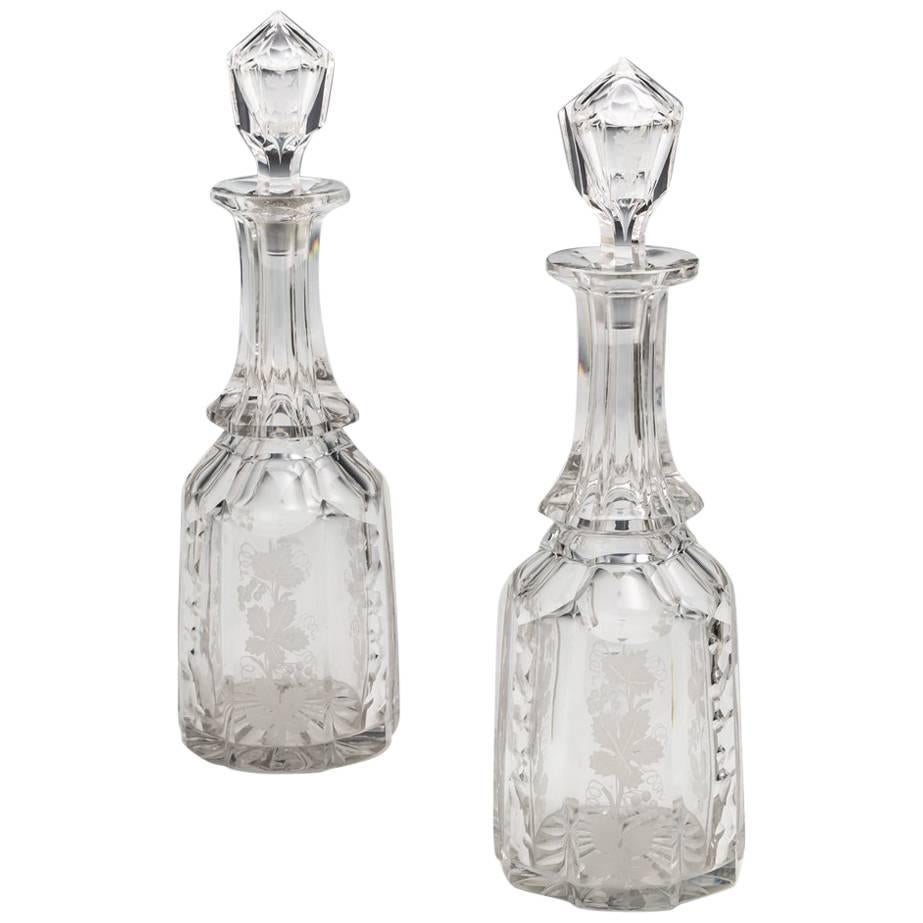 Pair of Cut-Glass Victorian Decanters Engraved with Fruiting Vines