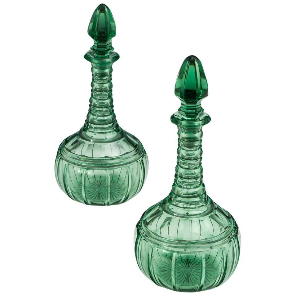 Pair of Elaborately Cut Green Victorian Decanters For Sale