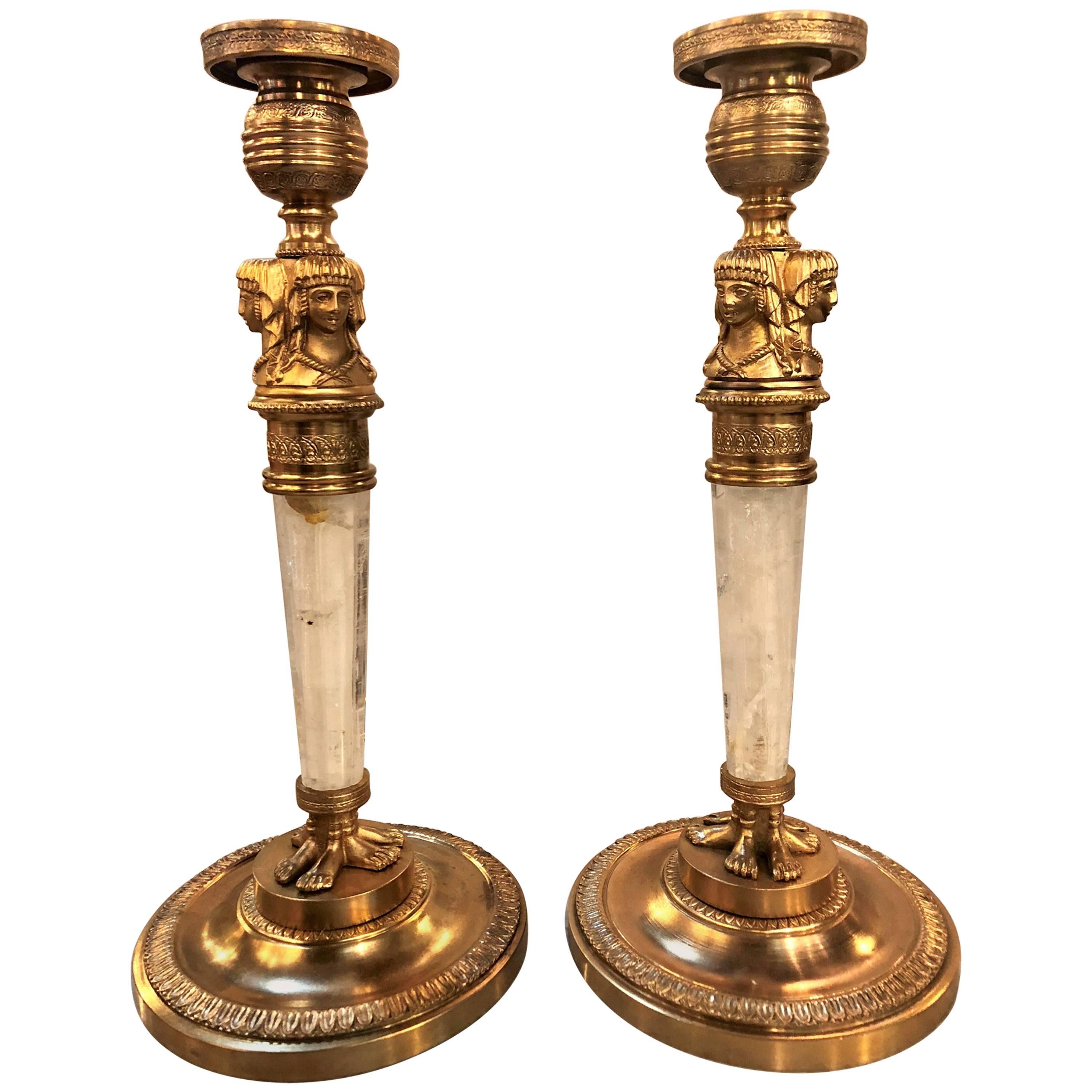 Pair of Empire Egyptian Style Bronze and Rock Crystal Candlesticks