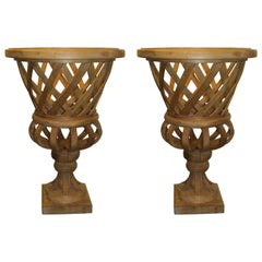 Pair of Woven Lattice Wooden Urns