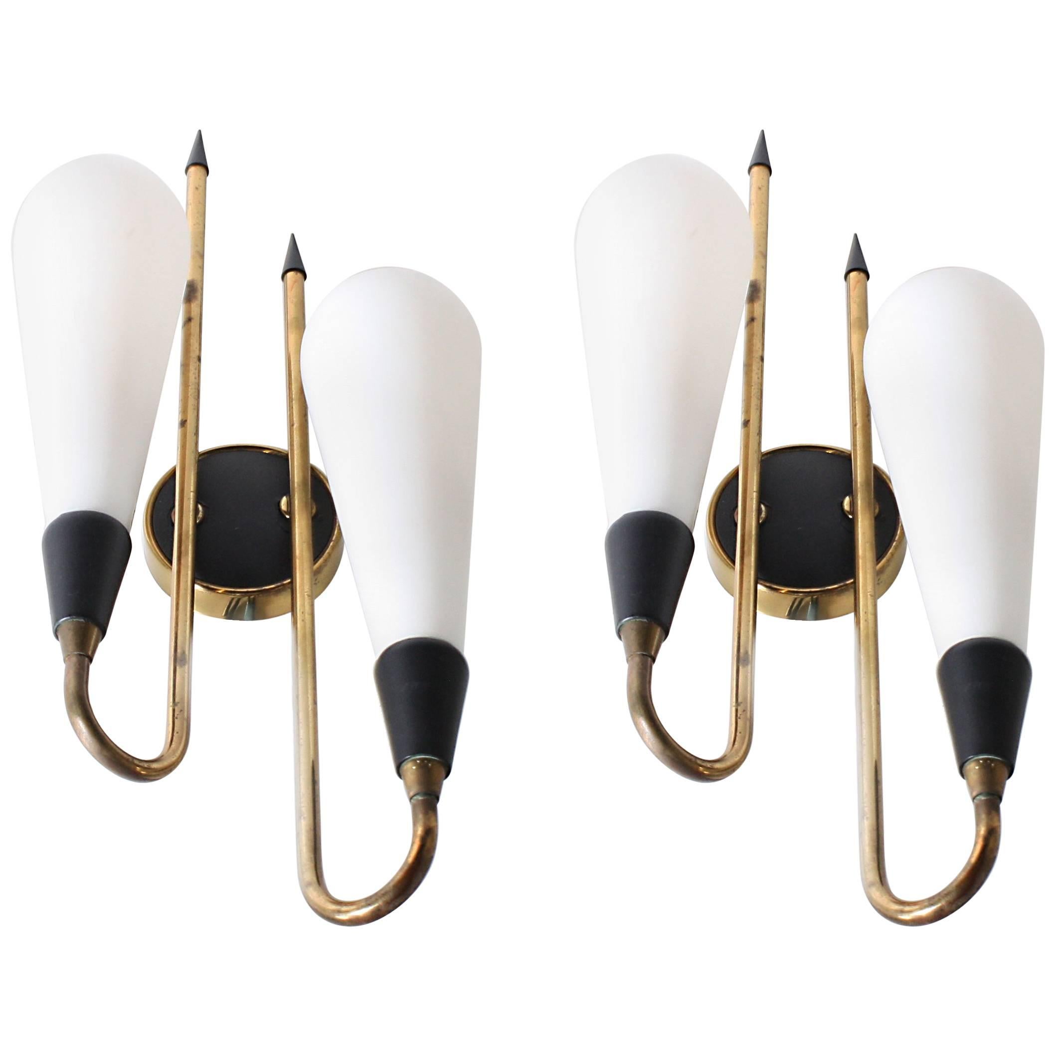Pair of Italian Brass and Glass Wall Sconces, circa 1950