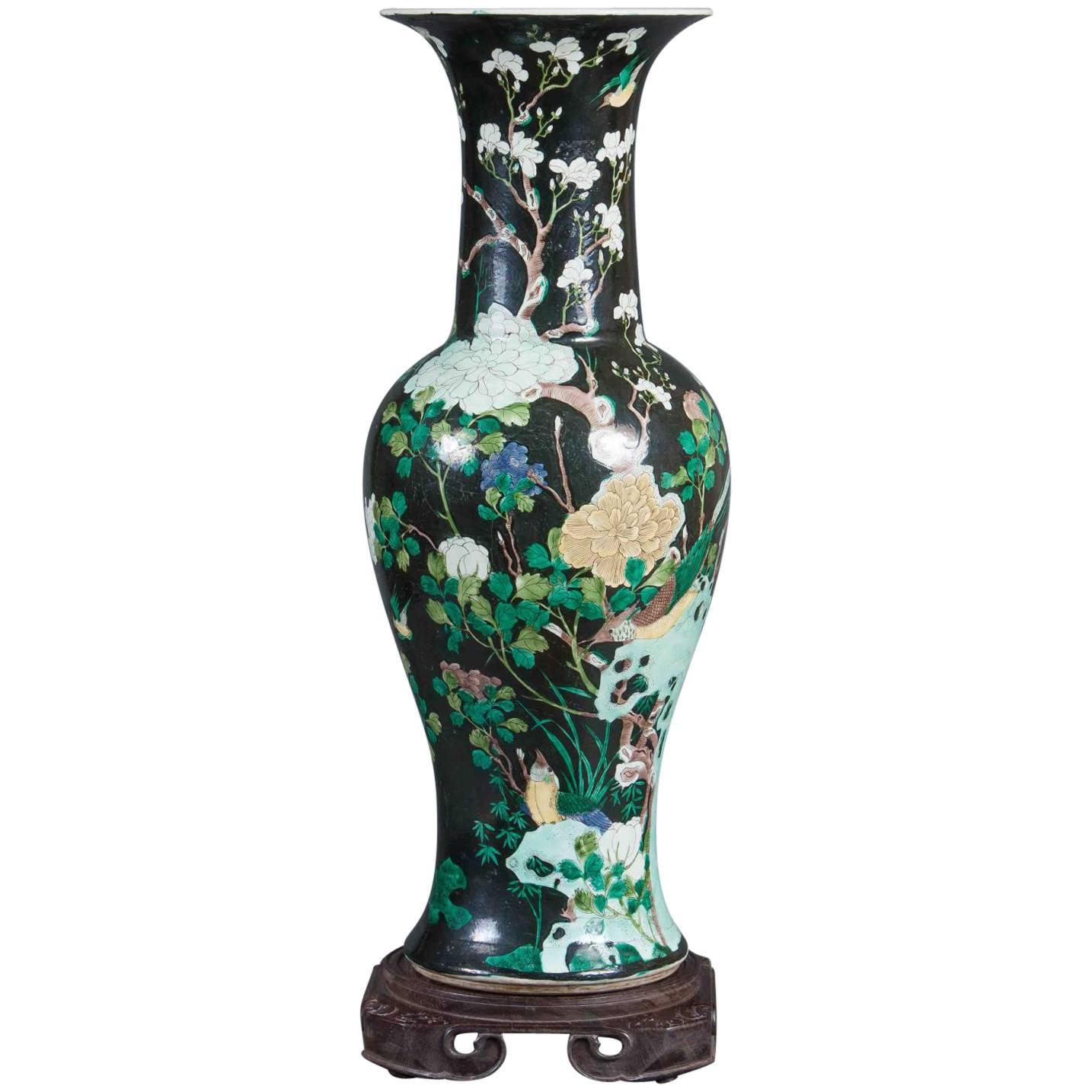 Famille Noire Enameled Yen Yen Vase China Green Blue 19th Century For Sale