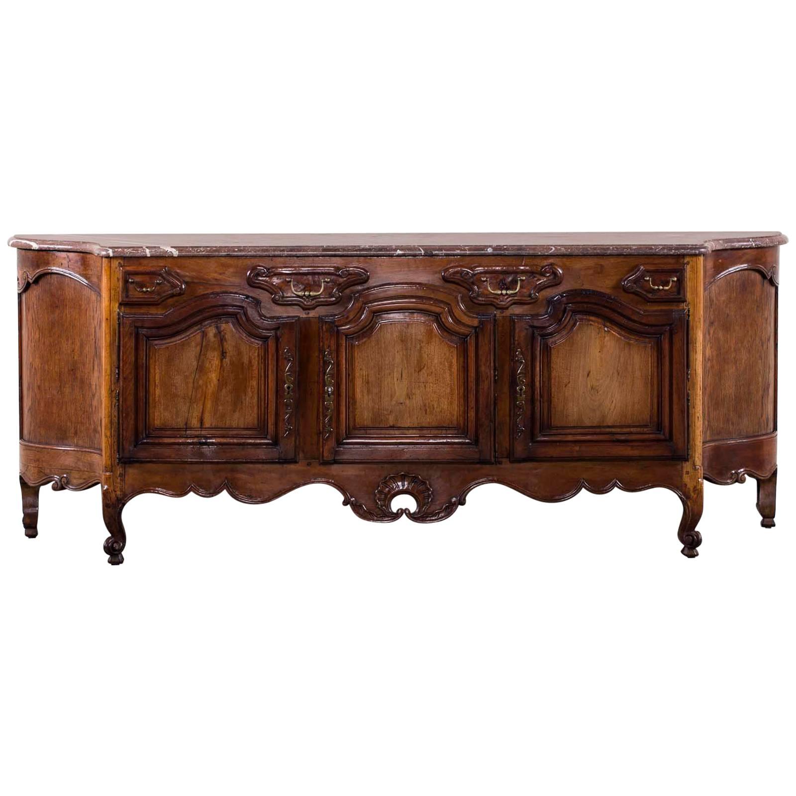Antique French Louis XV Style Walnut Marble-Top Buffet Credenza, France, 1780