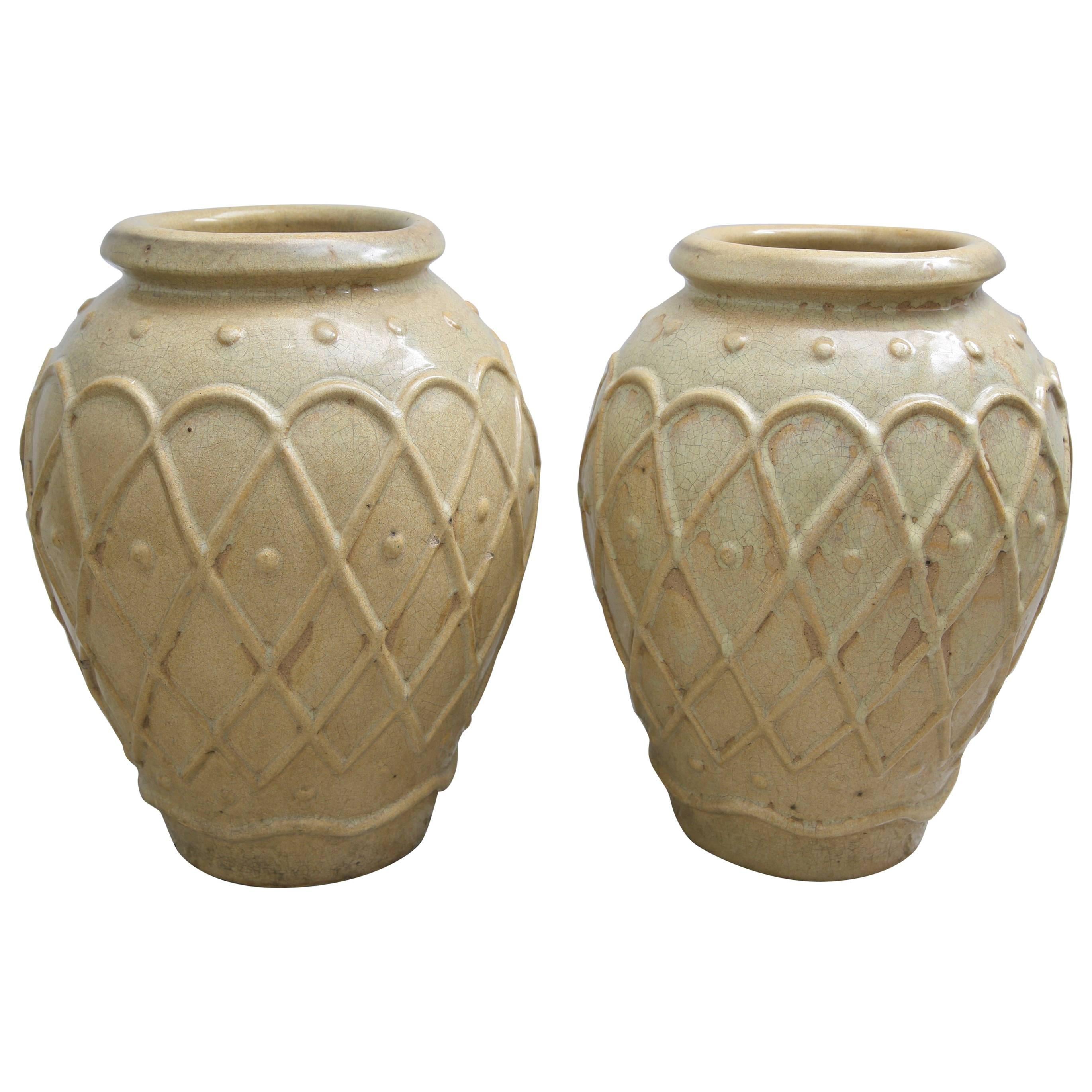 Set of Two Glazed Pottery Urns 