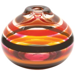 Red Amber Striped Squat Vase, Handblown Glass by Siemon & Salazar