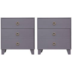 Vintage Modern Pair of Grey Lacquered Nightstands / Bachelor's Chests with Brass Handles