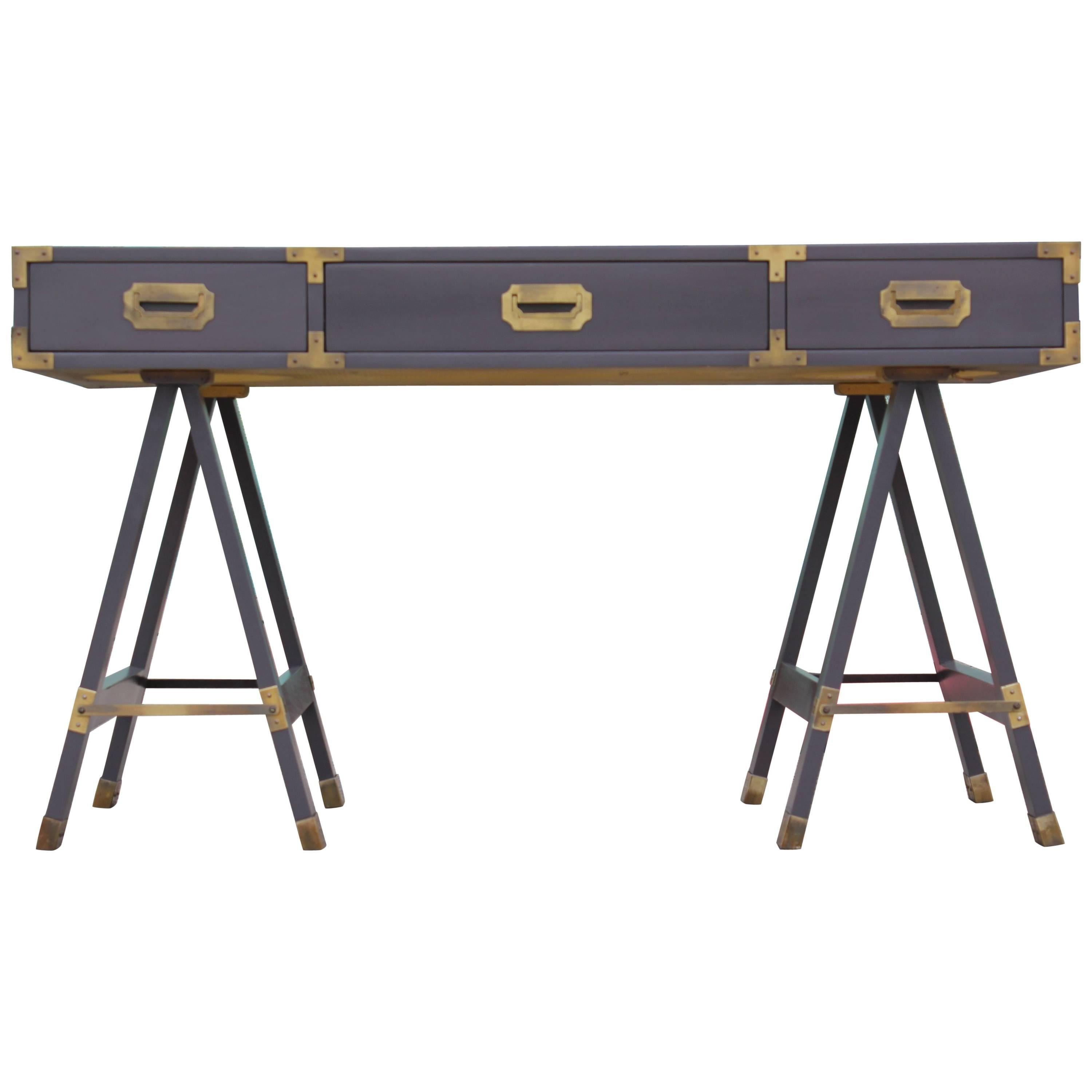 Modern Grey Lacquered Baker Style Campaign Desk with Brass Hardware