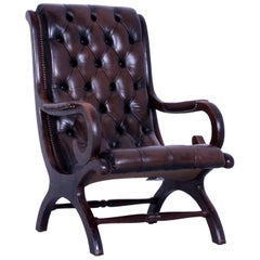 Chesterfield Armchair Brown Leather Buttoned Vintage Retro Wood Handmade
