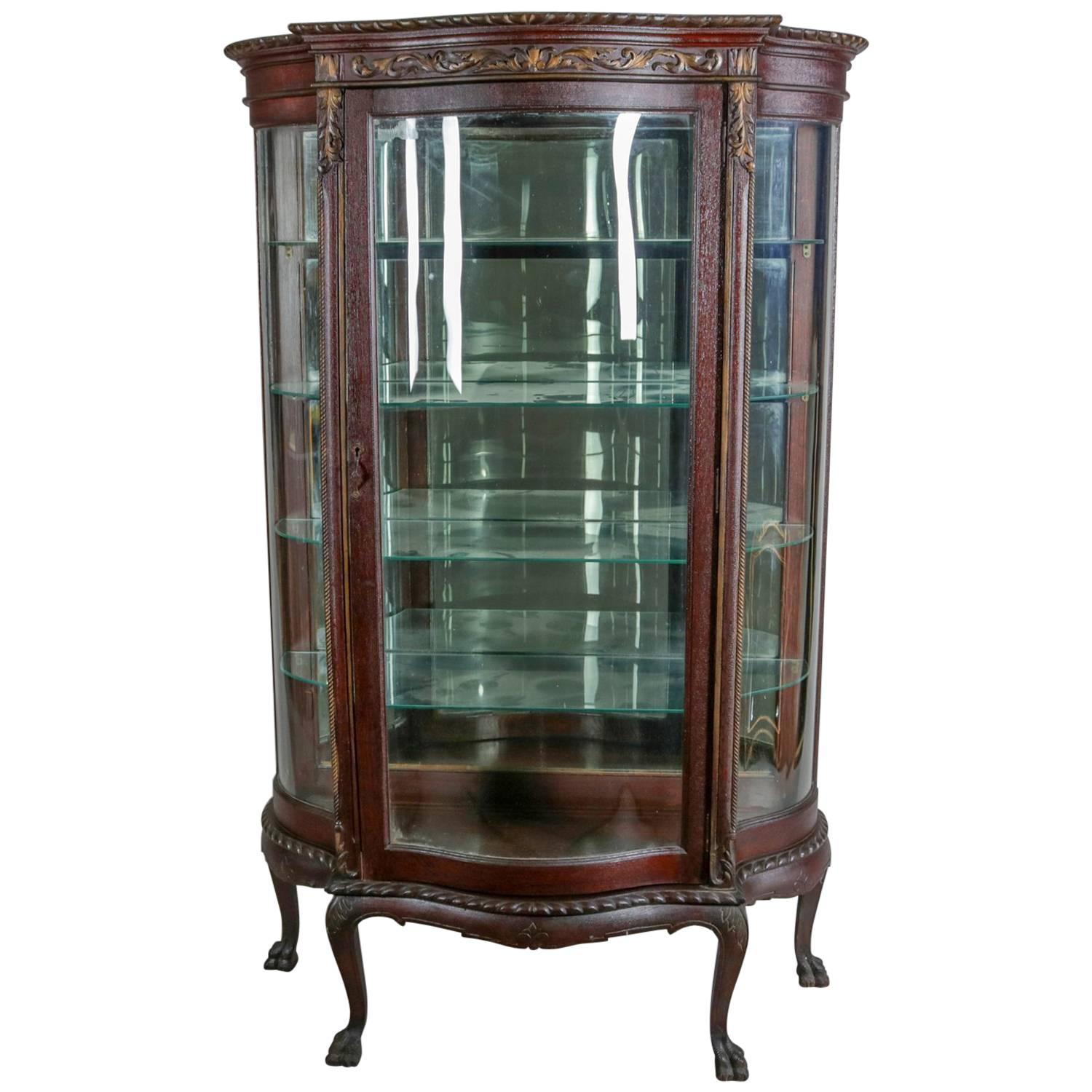 Victorian Carved and Gilt Oak Serpentine China Display Cabinet, 19th Century