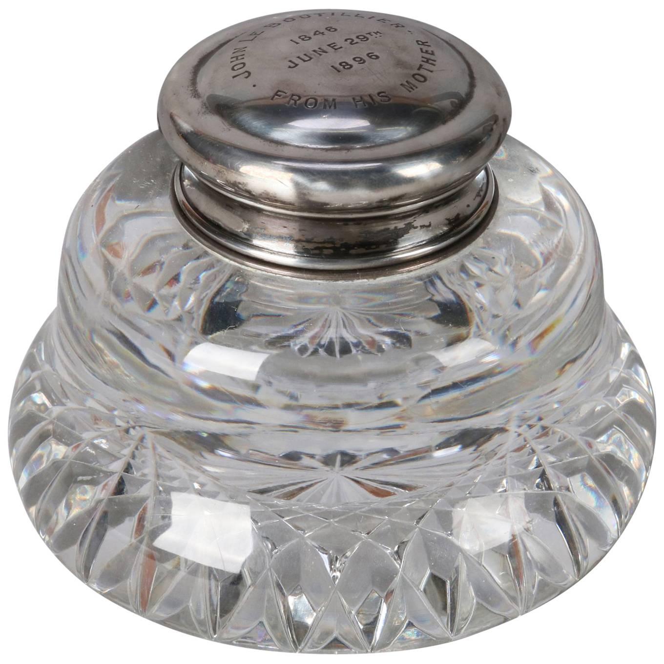 Antique French Cut Crystal and Sterling Silver Dedication Inkwell, 1896