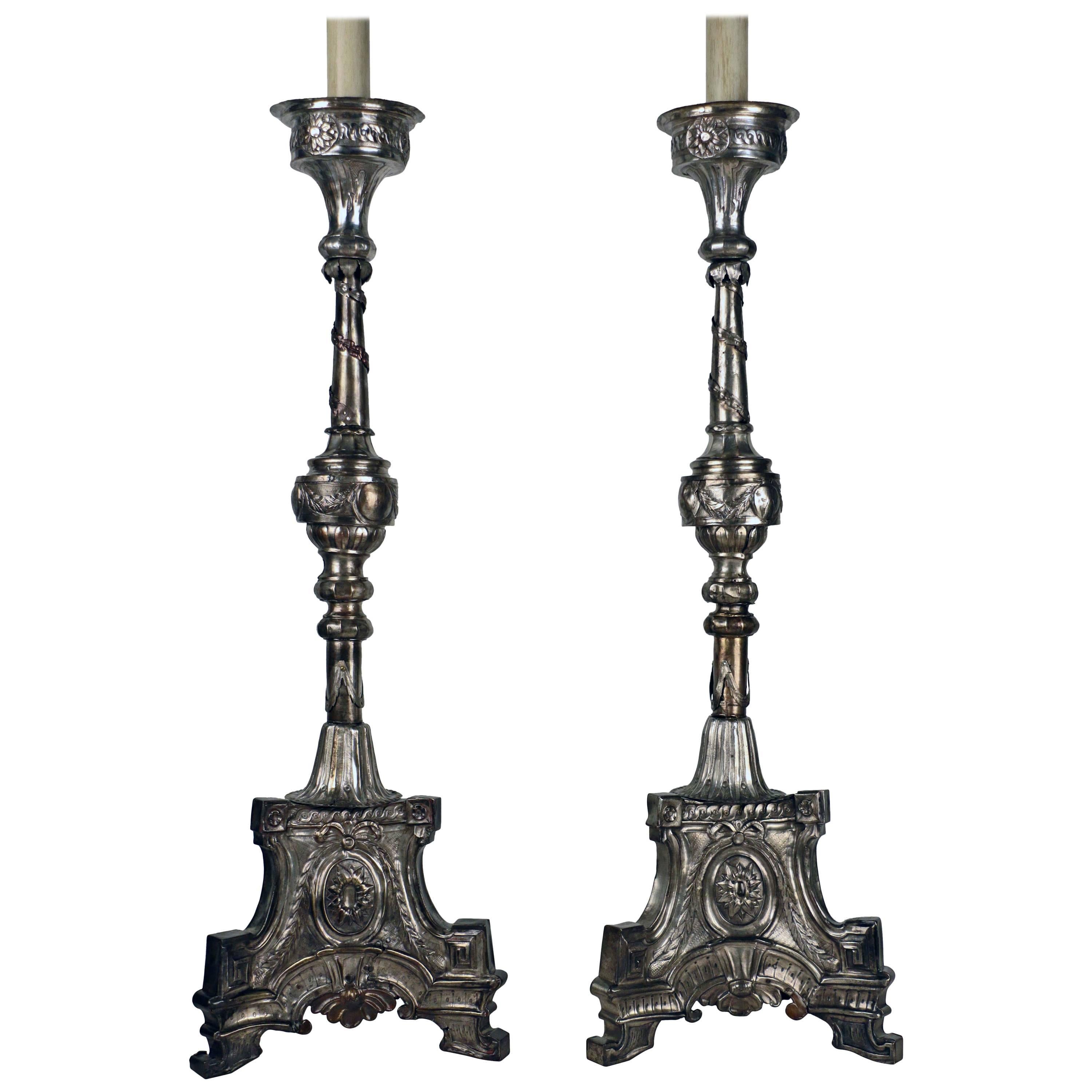 Pair of Large Late 18th Century Plated Neoclassical Candlesticks For Sale