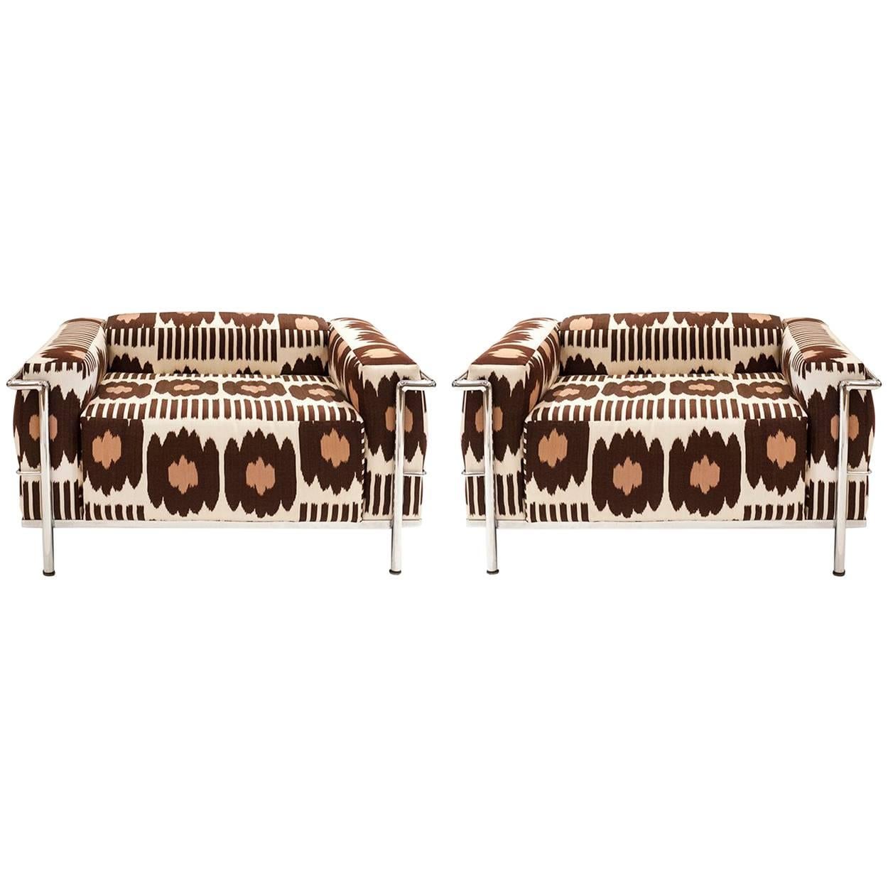 Pair of Vintage Signed Le Corbusier Armchair in Brown Collins Ikat Fabric For Sale