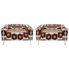 Pair of Vintage Signed Le Corbusier Armchair in Brown Collins Ikat Fabric