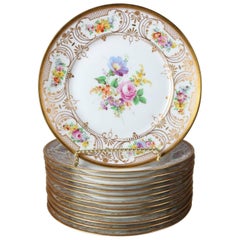 Vintage 12 German Floral & Gilt Hand-Painted Porcelain Dresden Rosenthal Plates