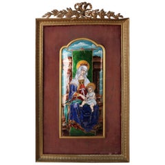 Antique Madonna and Child Hand Enameled Copper Plaque in Gilt Frame, circa 1900