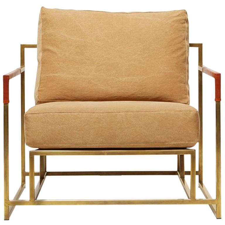 Sand Canvas and Tarnished Brass Armchair For Sale