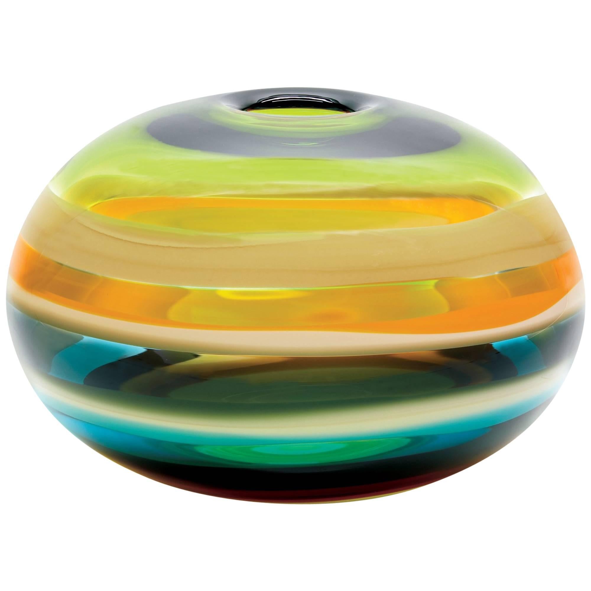 Large Green Blown Glass Sphere Bowl Sculpture, Banded Series by Caleb Siemon