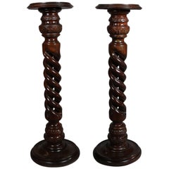 Pair of Neoclassical Heavily Carved Mahogany Open Barley Twist Pedestals