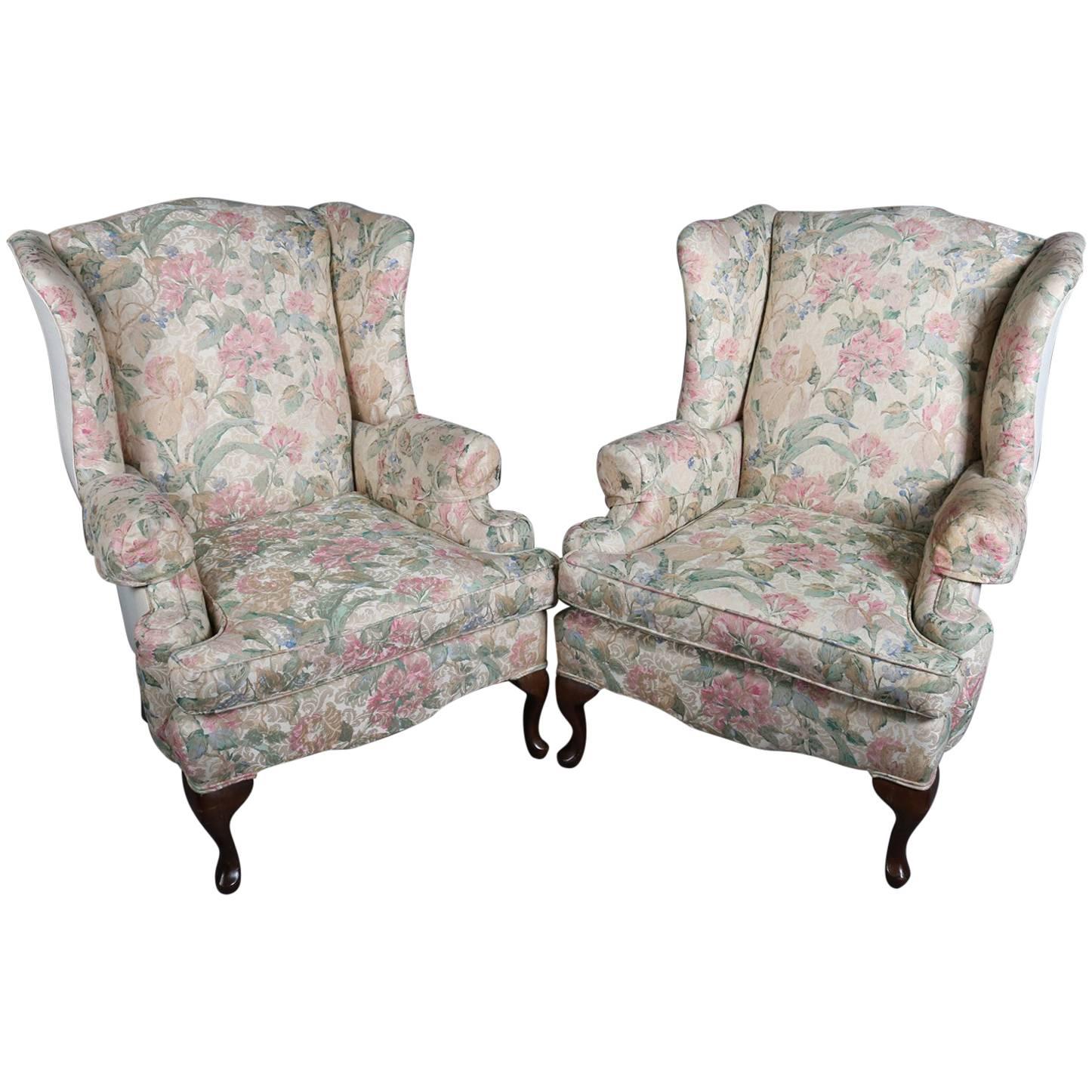 Pair of Queen Anne Style Floral Upholstered Wingback Chairs, 20th Century