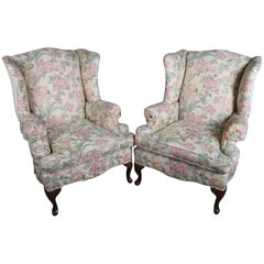 Pair of Queen Anne Style Floral Upholstered Wingback Chairs, 20th Century