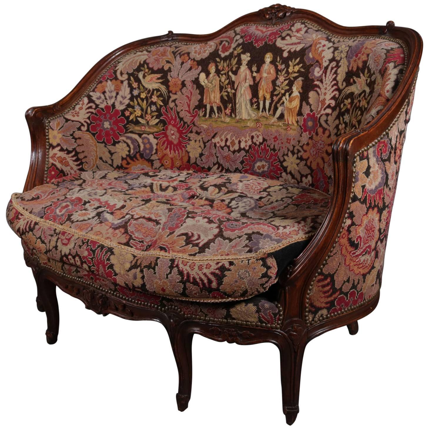 French Louis XV Style Mahogany and Pictorial Tapestry Settee, 19th Century