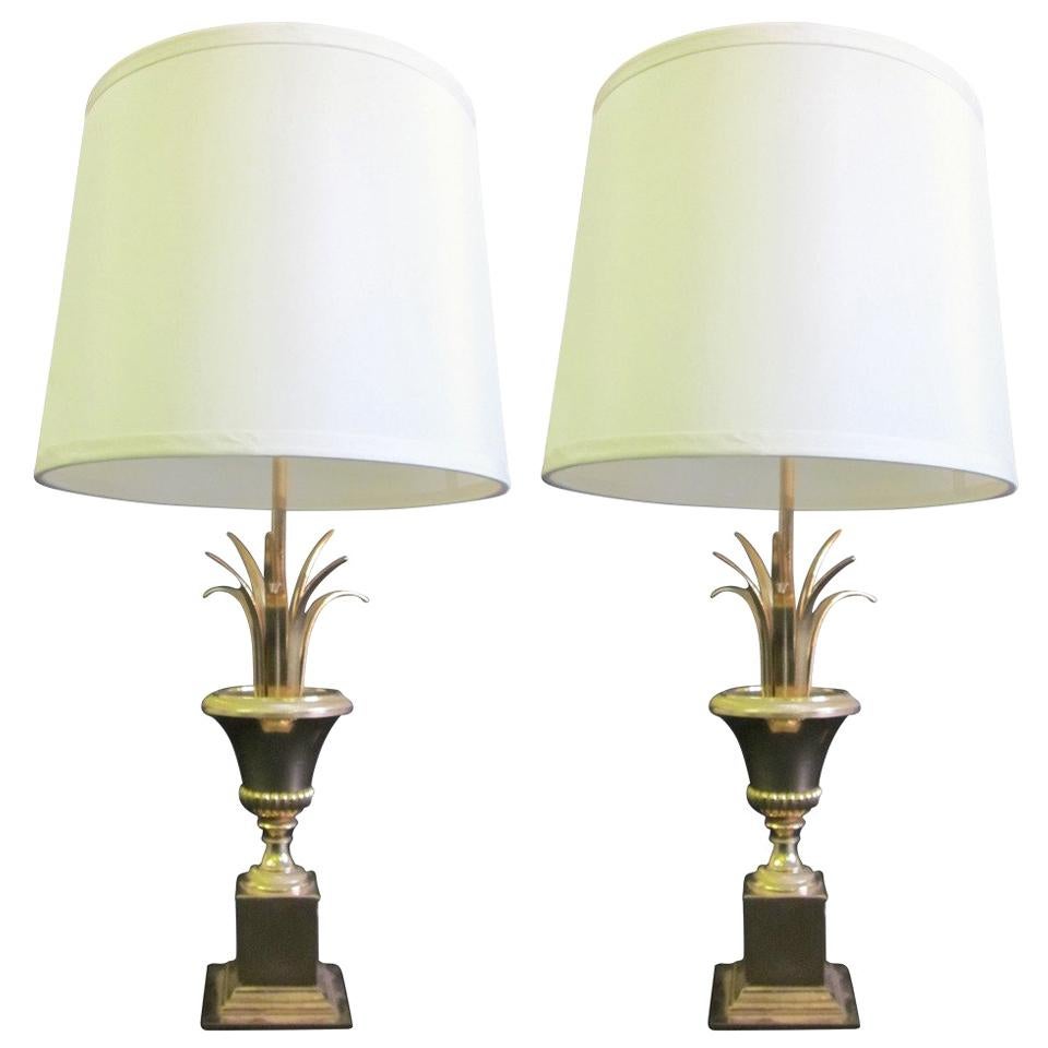 Pair of Midcentury Brass Pineapple Frond Table Lamps Maison Charles Attributed