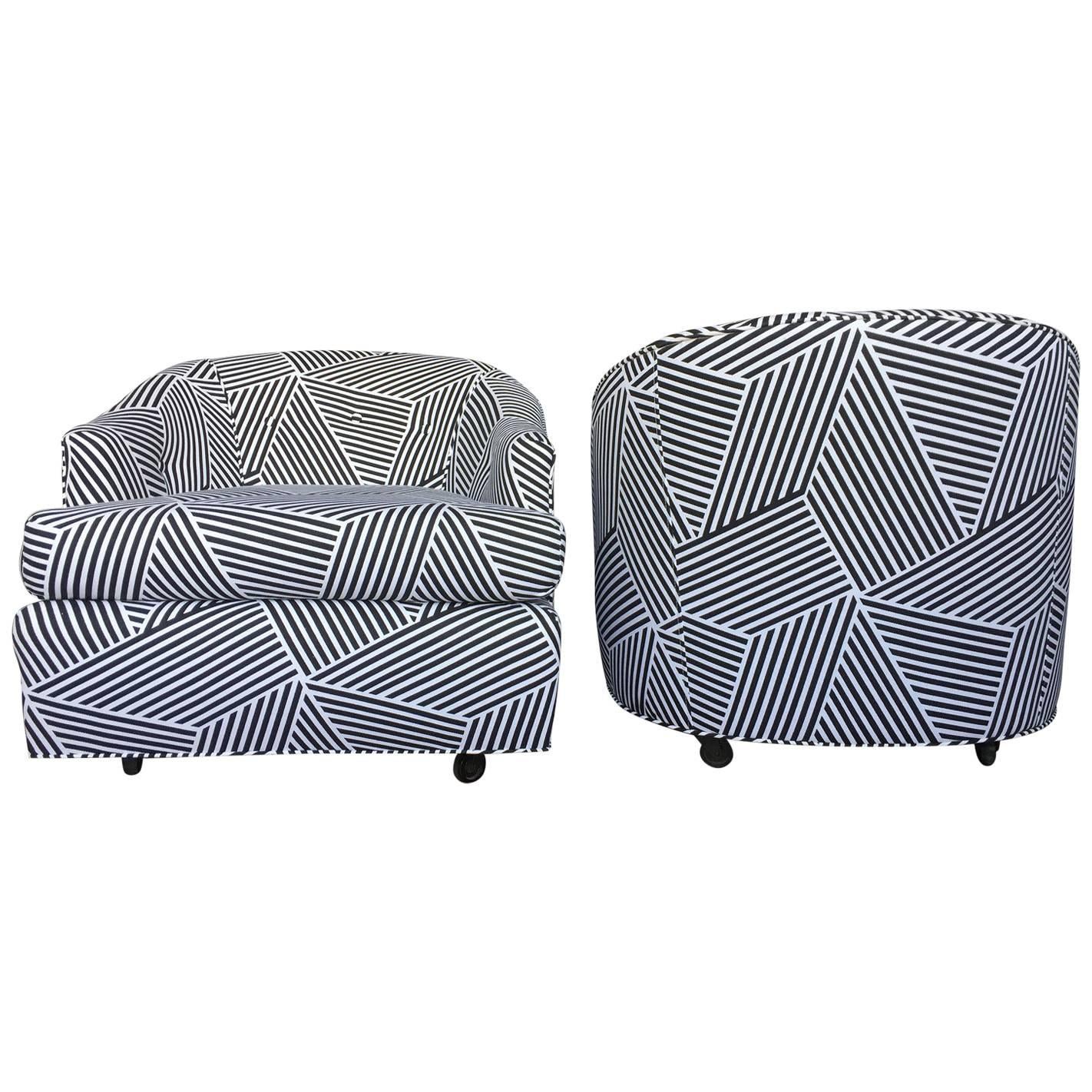 Milo Baughman Style Vintage Black and White Geometric Striped Swivel Club Chairs