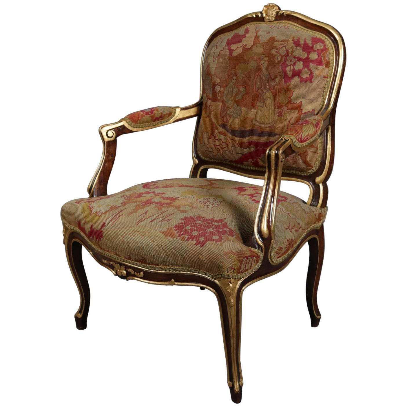 Louis XVI Style Parcel-Gilt Fruitwood and Tapestry Fauteuil, Early 20th Century