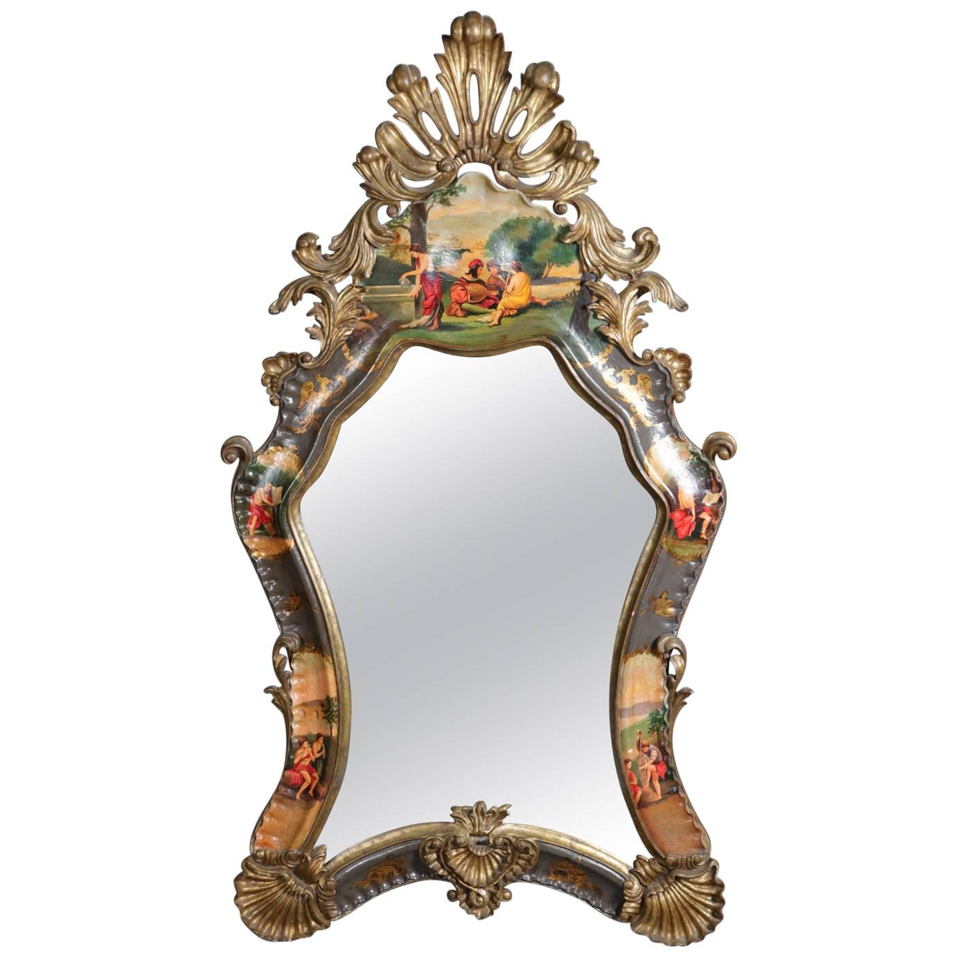 Monumental Italian Baroque Carved, Gilt and Hand Painted Wall Mirror