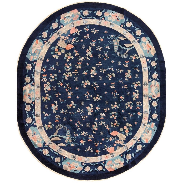 Oval Antique Navy Background Chinese Rug For Sale at 1stdibs