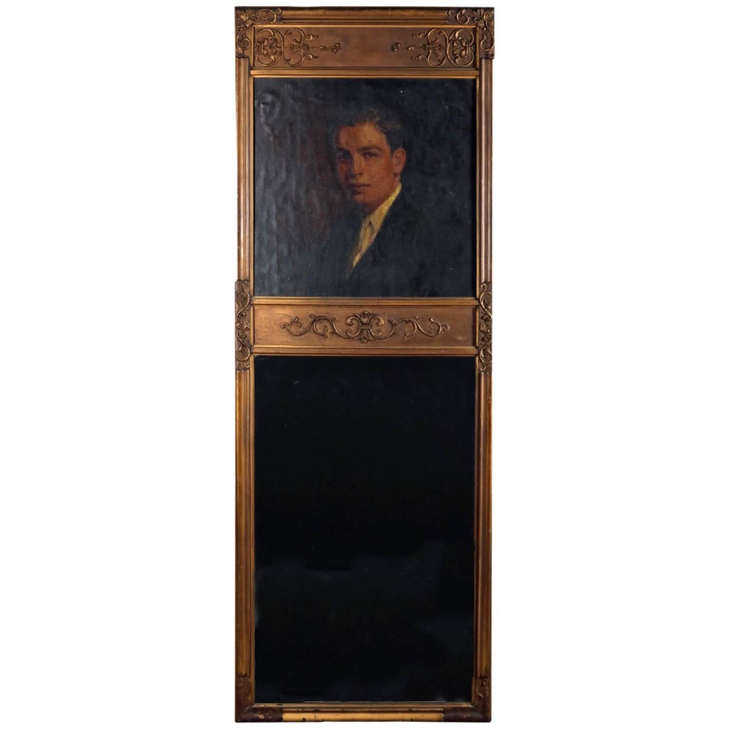 Oversized Giltwood Portrait Trumeau Mirror, Oil on Canvas of Baron, 19th Century