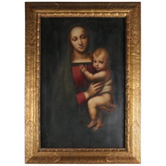 19th Century & Large Oil on Canvas Painting of the Madonna and Child, Gilt Frame