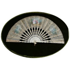 Antique French Hand Painted Gilt Decorated Fan with Carved Bone Frame