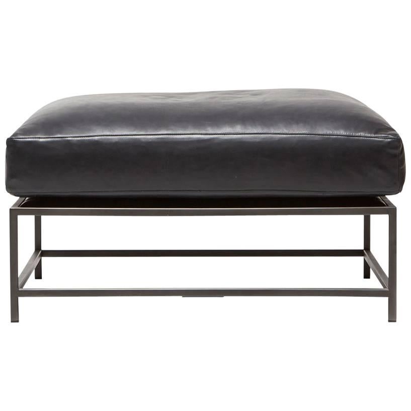 Blue Smoke Leather and Blackened Steel Large Ottoman For Sale